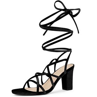Strappy Faux Velvet Lace Up Chunky Heels Sandal for Women