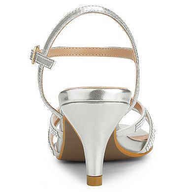 Women's Ankle Strap Rhinestone Kitten Heel Sandals