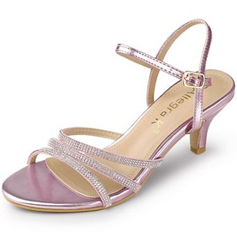 Women's Ankle Strap Rhinestone Kitten Heel Sandals