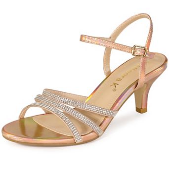 Women's Ankle Strap Rhinestone Kitten Heel Sandals
