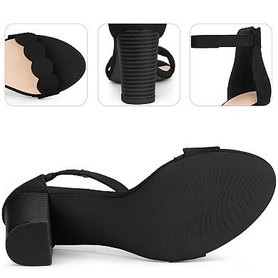 Scalloped Heel Ankle Strap Chunky Heels Sandals for Women