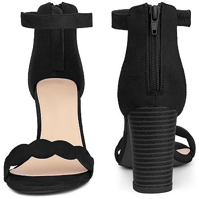 Scalloped Heel Ankle Strap Chunky Heels Sandals for Women