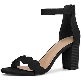 Scalloped Heel Ankle Strap Chunky Heels Sandals for Women