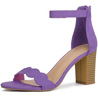 Scalloped Heel Ankle Strap Chunky Heels Sandals for Women