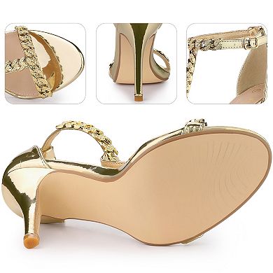T Strap Rhinestone Ankle Strap Stiletto Heels Sandals for Women