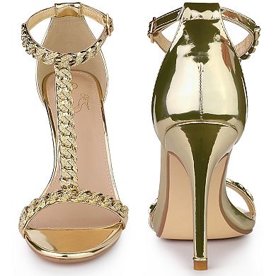T Strap Rhinestone Ankle Strap Stiletto Heels Sandals for Women