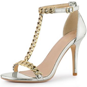 T Strap Rhinestone Ankle Strap Stiletto Heels Sandals for Women