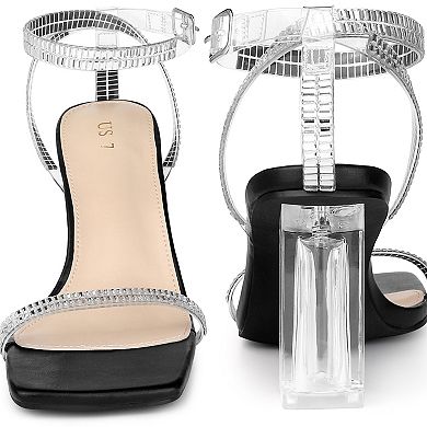Square Toe Rhinestone Strap Clear Heel Block Heels Sandals for Women