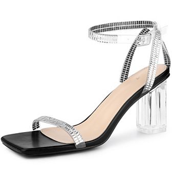 Square Toe Rhinestone Strap Clear Heel Block Heels Sandals for Women