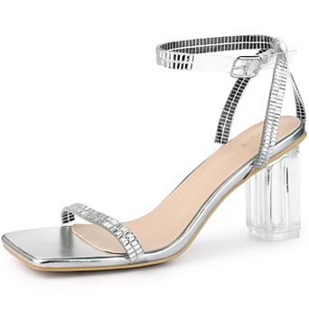 Square Toe Rhinestone Strap Clear Heel Block Heels Sandals for Women