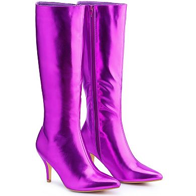 Pointed Toe Stiletto Heels Metallic Knee High Boots for Women