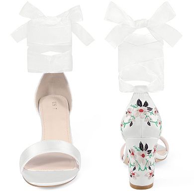 Women's Floral Print Heels Satin Lace Up Chunky Heel Sandals
