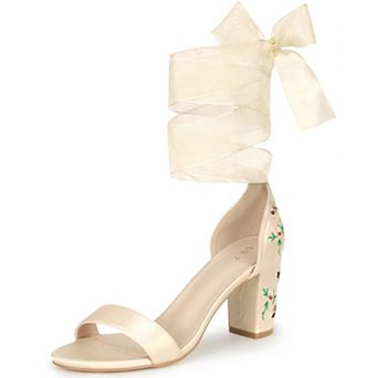 Women's Floral Print Heels Satin Lace Up Chunky Heel Sandals