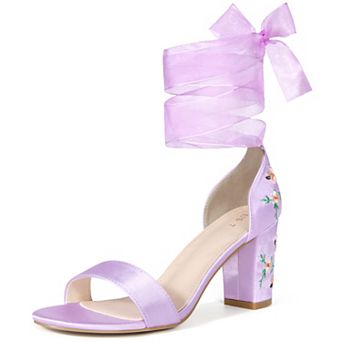 Women's Floral Print Heels Satin Lace Up Chunky Heel Sandals
