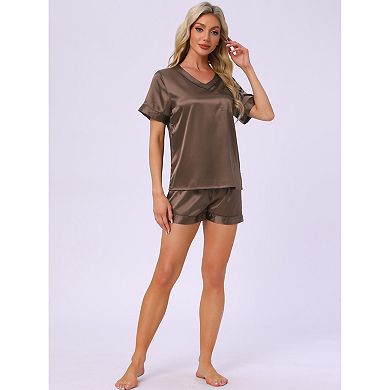 Women's Lounge Set V Neck Soft Contrast Color Short Sleeve and Shorts Set Pajama Set