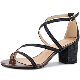 Women's Open Toe Glitter Crisscross Strap Block Heels