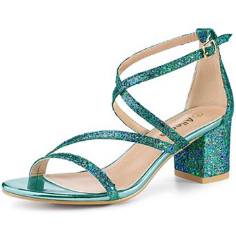 Women's Open Toe Glitter Crisscross Strap Block Heels