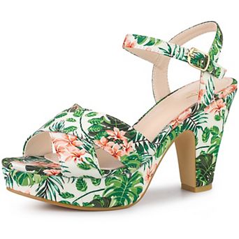 Platform Heel Slingback Floral Heels Sandals for Women