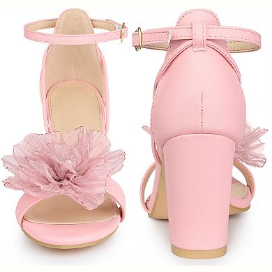 Flower Open Toe Ankle Strap Block High Heel Sandals for Women