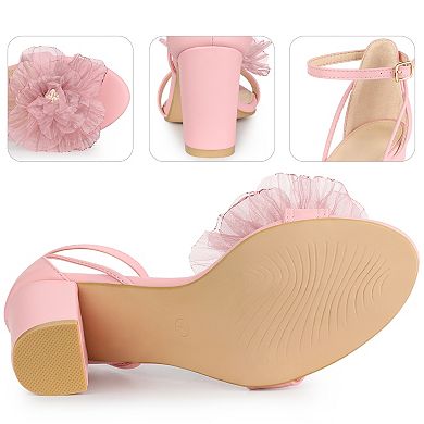 Flower Open Toe Ankle Strap Block High Heel Sandals for Women