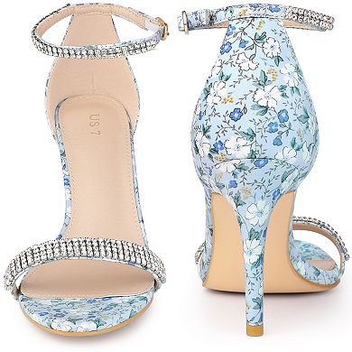 Rhinestone Strap Floral Print Stiletto Heels Sandals for Women