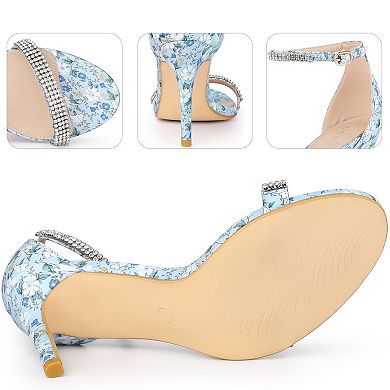 Rhinestone Strap Floral Print Stiletto Heels Sandals for Women