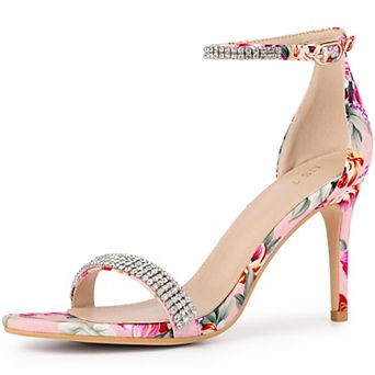 Rhinestone Strap Floral Print Stiletto Heels Sandals for Women
