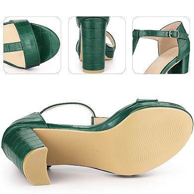 Platform Heel Print Embossed Ankle T Strap Chunky Heels Sandals for Women