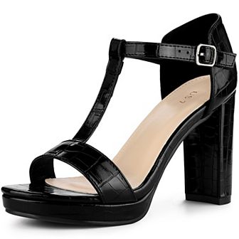 Platform Heel Print Embossed Ankle T Strap Chunky Heels Sandals for Women