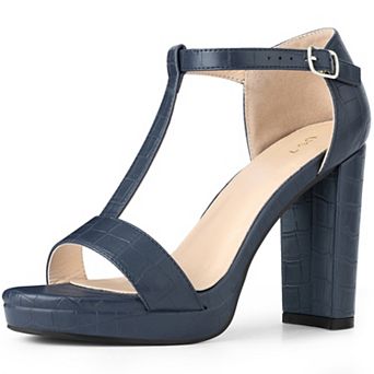 Platform Heel Print Embossed Ankle T Strap Chunky Heels Sandals for Women