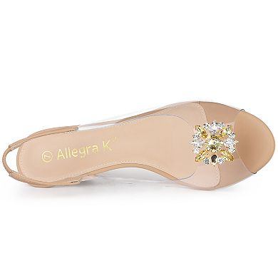 Women's Clear Slingback Wedges Rhinestone Transparent Peep Toe Heels