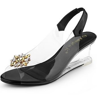 Women's Clear Slingback Wedges Rhinestone Transparent Peep Toe Heels