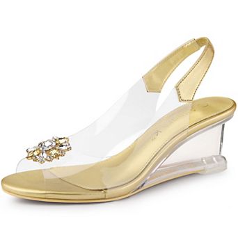 Women's Clear Slingback Wedges Rhinestone Transparent Peep Toe Heels