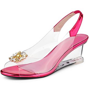 Women's Clear Slingback Wedges Rhinestone Transparent Peep Toe Heels