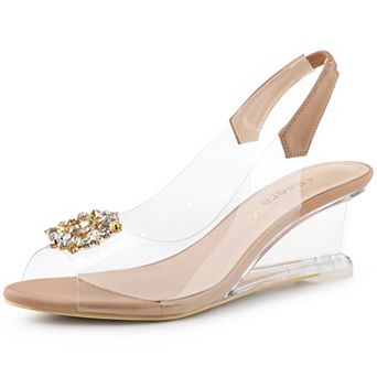 Women's Clear Slingback Wedges Rhinestone Transparent Peep Toe Heels