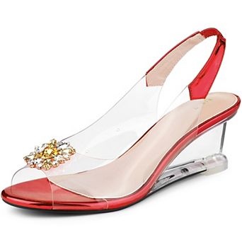 Women's Clear Slingback Wedges Rhinestone Transparent Peep Toe Heels