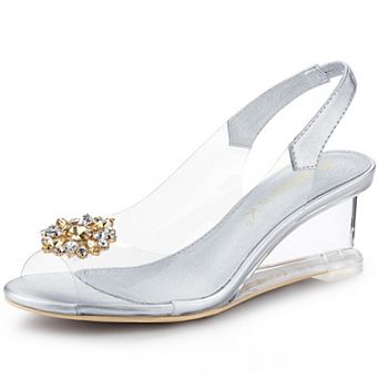 Women's Clear Slingback Wedges Rhinestone Transparent Peep Toe Heels