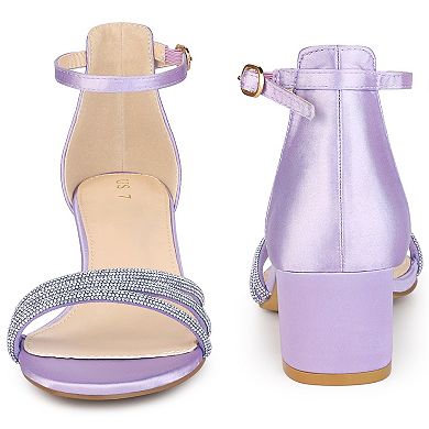 Satin Rhinestones Open Toe Chunky Heel Sandals for Women