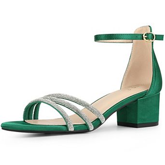 Satin Rhinestones Open Toe Chunky Heel Sandals for Women