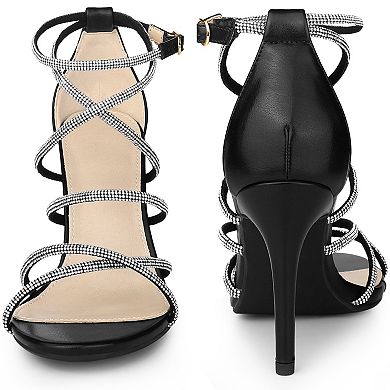 Open Toe Stiletto Heel Ankle Strap Strappy Rhinestone Heels Sandals for Women