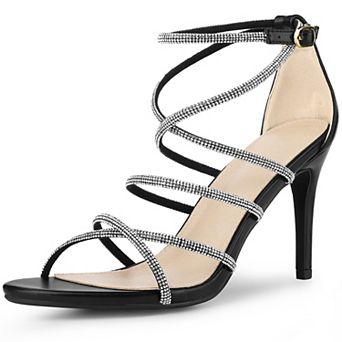Open Toe Stiletto Heel Ankle Strap Strappy Rhinestone Heels Sandals for Women