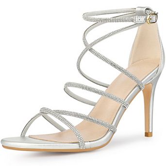 Open Toe Stiletto Heel Ankle Strap Strappy Rhinestone Heels Sandals for Women
