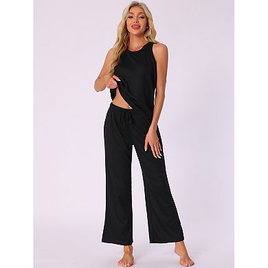 Women's Tank Top Pajama Set Waffle Knit Wide Leg Pants 2 Piece Lounge Set