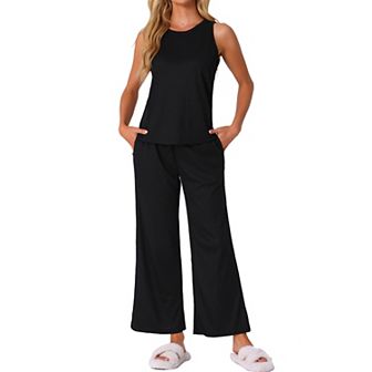 Women's Tank Top Pajama Set Waffle Knit Wide Leg Pants 2 pc Lounge Set