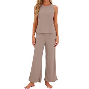 Women's Tank Top Pajama Set Waffle Knit Wide Leg Pants 2 pc Lounge Set