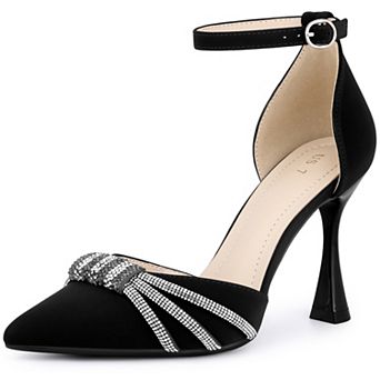 Pointed Toe Ankle Strap Rhinestone Stiletto High Heel Pumps for Women