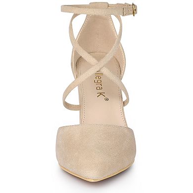 Women's Crisscross Strap Wedding Shoes Pointed Toe Chunky Heels Pumps