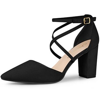 Women's Crisscross Strap Wedding Shoes Pointed Toe Chunky Heels Pumps