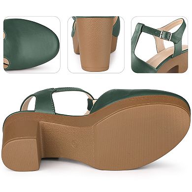 Platform T-Strap Shoes Chunky Heels Mules Sandals for Women