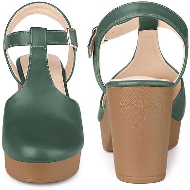 Platform T-Strap Shoes Chunky Heels Mules Sandals for Women